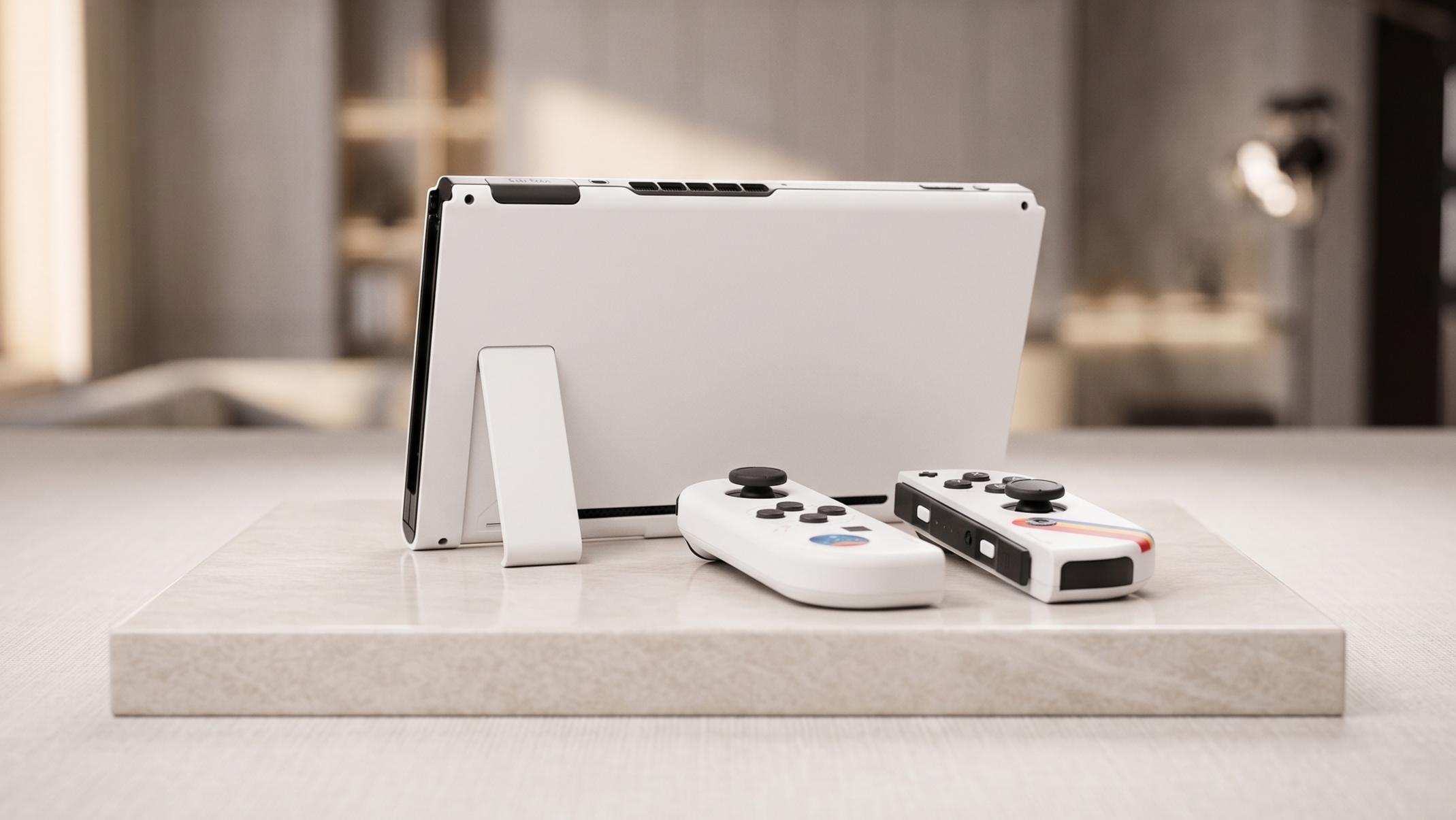 Premium white matte custom handheld console on marble display base